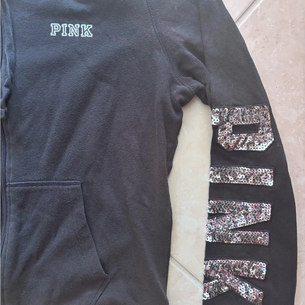 Victoria's Secret PINK Vintage Black Hoodie with Sequin Logo Trim Lounge Size M - Picture 2 of 6